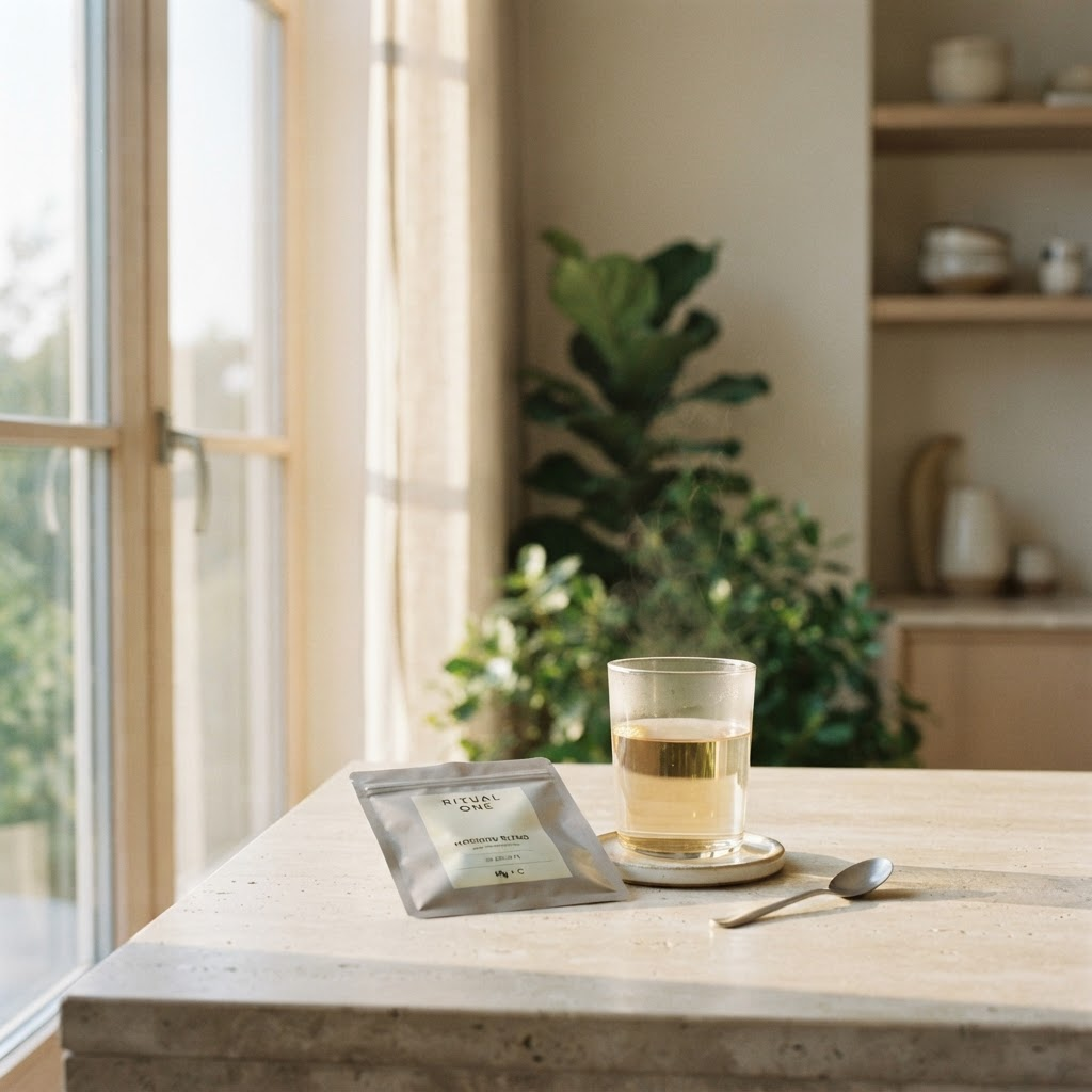 A calm morning ritual — a glass of warm water and a Yeany Date+ sachet by a window