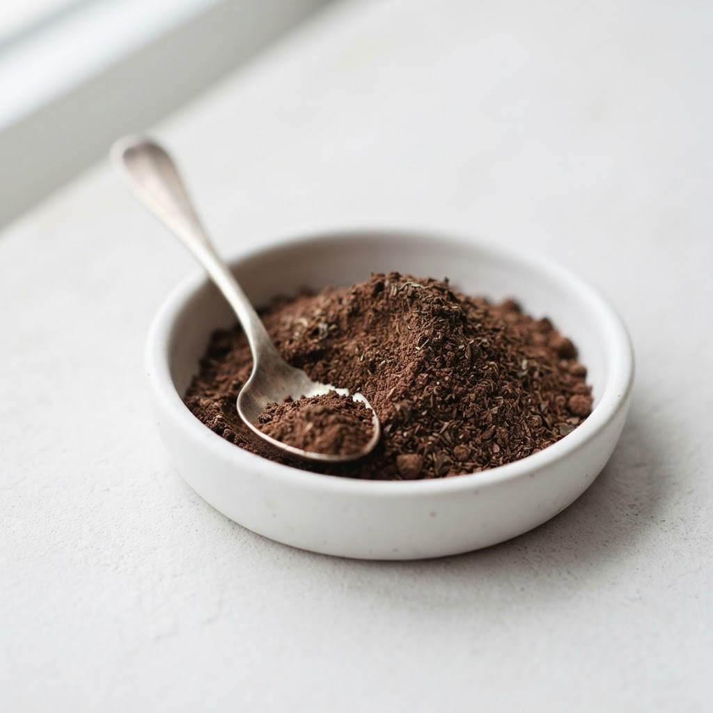 Close-up of fine Porcupine Dates Powder in a small white dish with a metal spoon